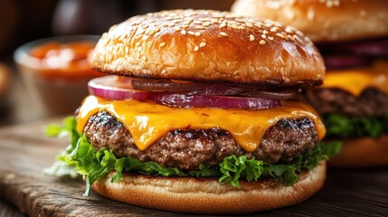 Delicious cheeseburger on wooden board