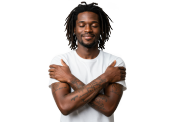 Man with dreadlocks hugging himself isolated on transparent background
