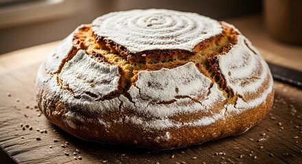 Freshly baked artisanal sourdough bread loaf, dusted with flour, on a wooden cutting board.