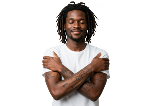 Man with dreadlocks hugging himself isolated on transparent background