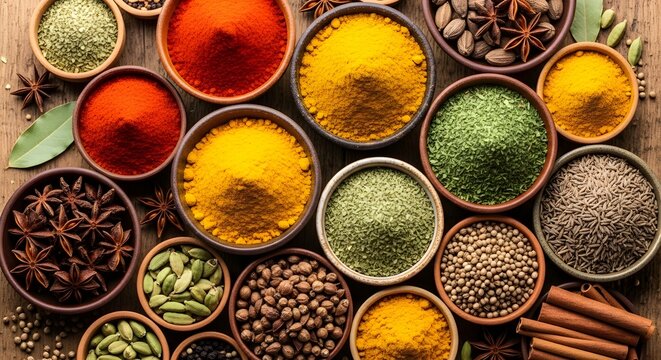 Assortment of vibrant spices in rustic bowls offers a colorful culinary palette, perfect for cooking enthusiasts and food bloggers seeking visual inspiration.