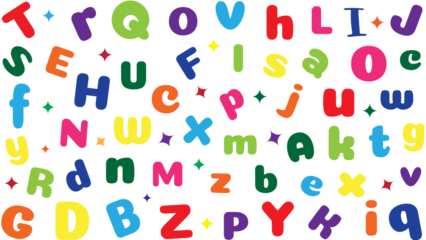 Many colorful cartoon style alphabet letters scattered randomly, suitable for educational materials, childrens products, and playful designs.