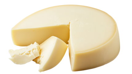 Round cheese wheel with a slice cut out isolated on transparent background