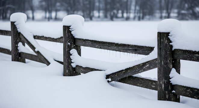 Snow-covered wooden fence in a winter landscape, creating a serene and peaceful scene.