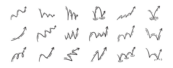 Bounce effect arrows doodle set. Manga and comic stile arrow design elements. Ball jump trajectory, ball motion expression