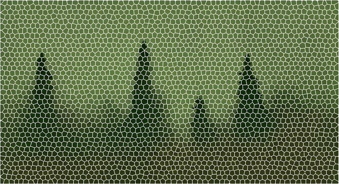 Mysterious dark silhouettes of coniferous trees against a hazy green sky, mosaic style.