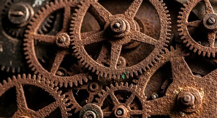 Close-up of weathered, rusty gears interlocking, symbolizing industry, mechanics, and the passage of time.