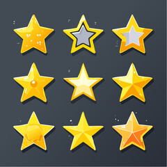 Obraz premium Nine cartoon-style golden stars are arranged on a dark gray background, each with a slightly different design and shading, suggesting a collection of rewards or achievements.