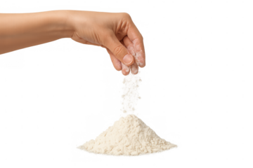 Hand sifting white flour into a pile, forming a heap of baking powder, adding ingredient for cooking. Transparent background