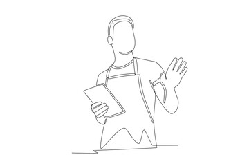 Cafe employees greet customers by waving. Greeting familiar customers concept one-line drawing