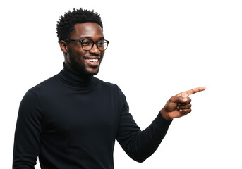 Smiling man pointing to the right isolated on transparent background