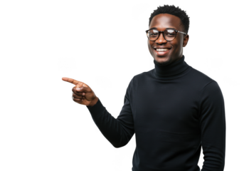 Smiling man pointing to the side isolated on transparent background