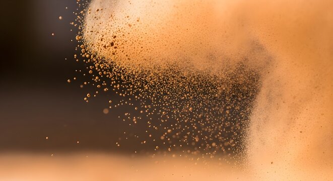 Close-up of fine orange powder particles exploding and scattering in mid-air.