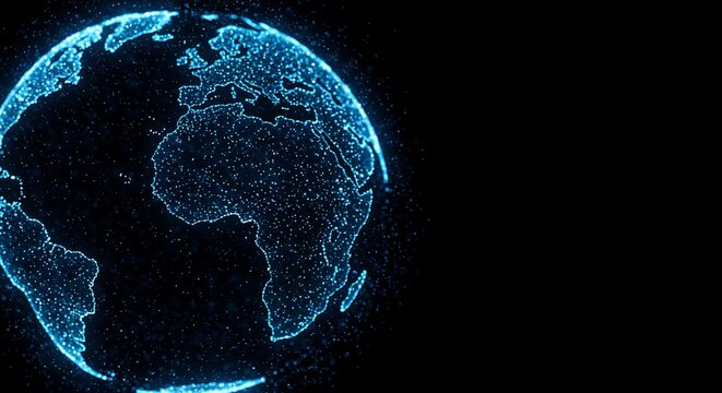 Digital earth visualization with glowing dots representing global connectivity and data flow