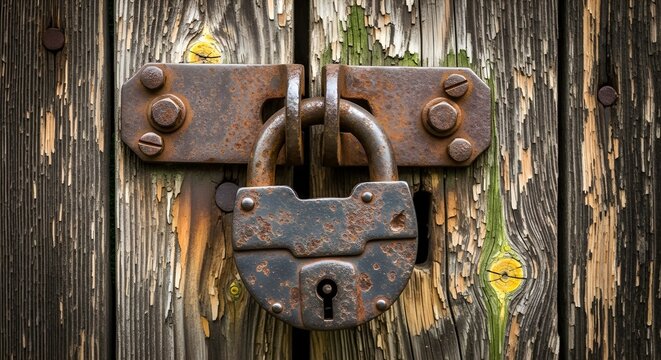 Rustic old padlock secures weathered wooden doors, adding vintage charm and a sense of history to any design or project with authentic textures.