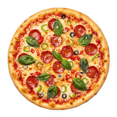 Pepperoni Pizza with Basil and Peppers isolated on a transparent background