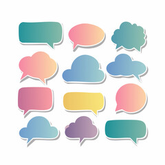 Twelve colorful speech bubbles with gradient fills and white borders arranged on a white background, resembling stickers.