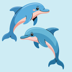 Two Cute Cartoon Dolphins Swimming Together, Dolphin Illustration Pair, Kawaii Style Blue Dolphin Characters, Vector Graphic of Two Friendly Bottlenose Dolphins on a Light Blue Background