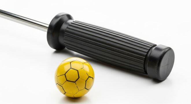 Yellow foosball ball and black table soccer rod handle on a clean white background.