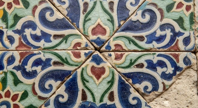 Intricate geometric mosaic tiles in shades of blue, green, and red, offering a traditional decorative pattern.