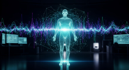 Digital human standing in a dark room with monitors displaying data and a glowing blue light in front