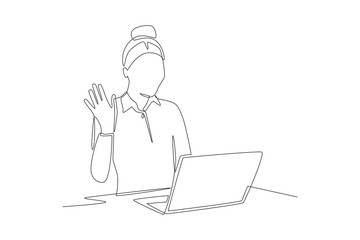Office staff shake hands and wave to customers online. Greeting familiar customers concept one-line drawing