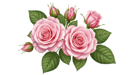 Delicate pink roses and buds with lush green leaves create a beautiful floral arrangement perfect for elegant invitations and romantic designs.