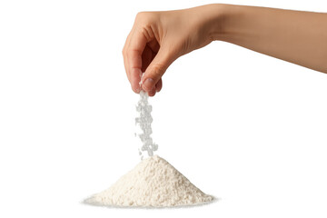 Hand sprinkling flour or salt onto a pile of white powder for cooking or baking, transparent background