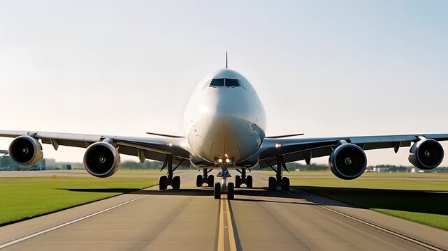 White passenger jet airplane Boeing 747 taxiing at the airport. Front view angle. Modern passenger jet airplane.