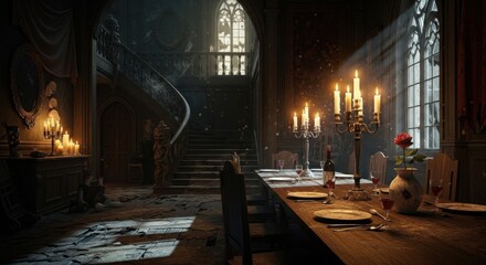 Elegant Vintage Dining Room with Candlelit Table and Large Windows in Gothic Style