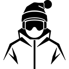 Skier wearing a winter hat and warm jacket. Engraving minimalistic vector in black ink drawing on transparent background