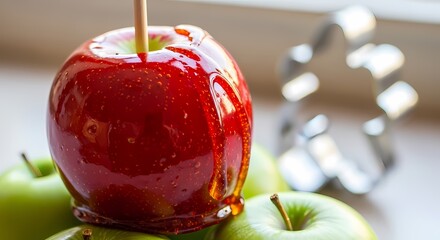 Macro Detail of Glossy Red Candy Apple on Stick