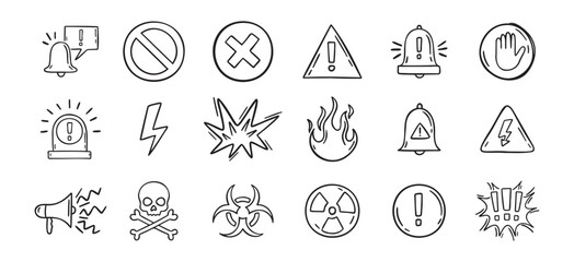 Warning doodle hand drawn icons set. Danger drawing sketch signs 