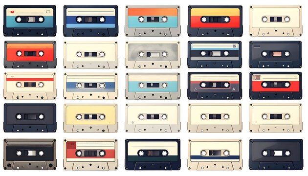 A grid of 25 colorful vintage audio cassette tapes against a white background