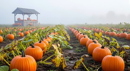 Misty Morning in a Serene Pumpkin Patch Farm