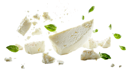Crumbled feta cheese and basil leaves flying isolated on transparent background