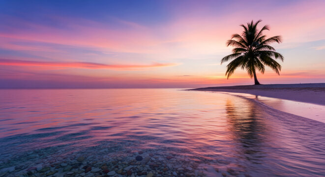 A tranquil sunset bathes a tropical beach with a solitary palm tree, casting a warm glow over the serene ocean