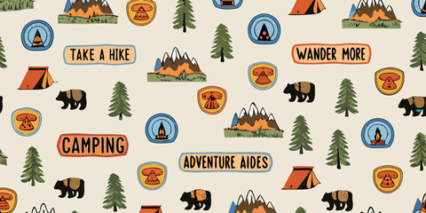 Whimsical hand drawn camping and hiking adventure seamless pattern with bears tents mountains and trees