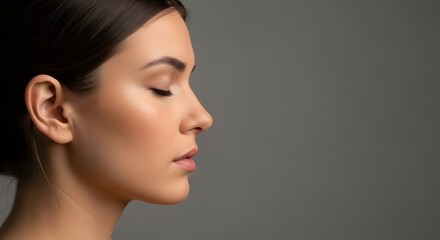 Close-up profile portrait of a beautiful woman with glowing clean skin and natural makeup, peacefully closing her eyes on a grey background