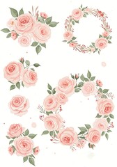 Elegant Watercolor Floral Arrangements - Pink Roses and Wreaths.
