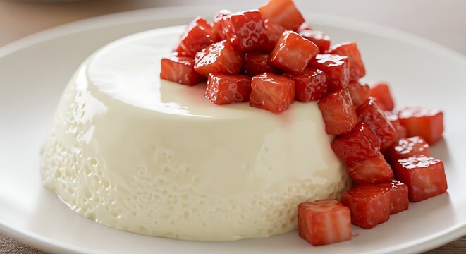 Delicious panna cotta with fresh strawberry cubes on a white plate closeup
