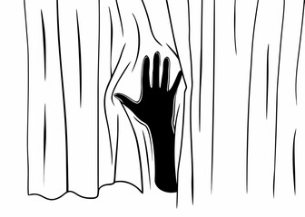 Black and white human hand's shadow seen through thin, white, translucent fabric. Fabric wrinkled and soft waves, creating textured background.