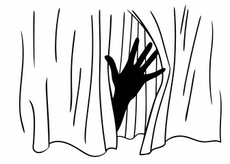 Black and white human hand's shadow seen through thin, white, translucent fabric. Fabric wrinkled and soft waves, creating textured background.