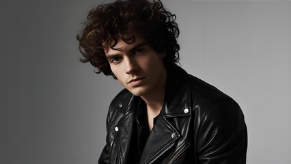 Handsome man with fair skin and curly hair wearing a leather jacket, Taylor, fashion editorial