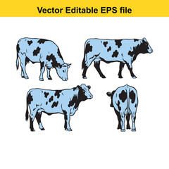 Vector art of set of four black and white holstein friesian cows in different poses