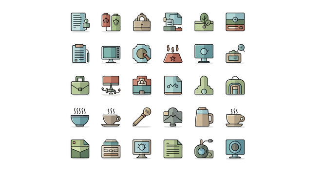 Array of officethemed icons with pastel colors and black outlines arranged in a 6x5 grid on a white background