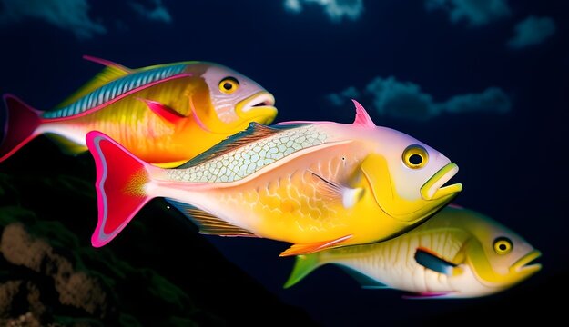 Vibrant marine scene in Mexico, Baja California, Revillagigedo Islands, featuring three colorful trigger fishes with distinctive patterns and hues, swimming near the rocky shores of San Benedicto Isla