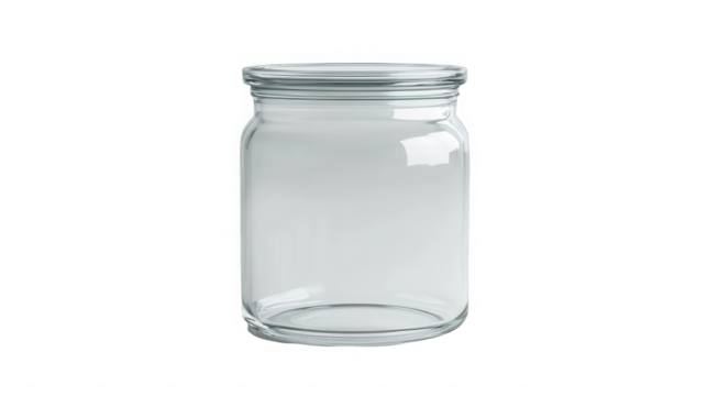 A clear glass jar with a silver lid sitting on a black surface in a studio shot with soft lighting on transparent background