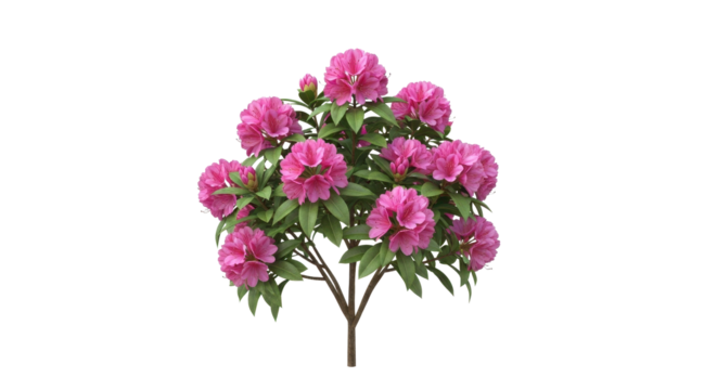 Vibrant pink rhododendron bush bursting with lush green leaves, perfect for garden design and springtime beauty.