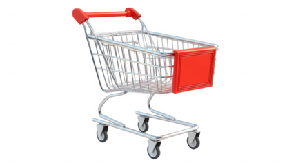 A miniature shopping cart with a red handle and front panel on transparent background